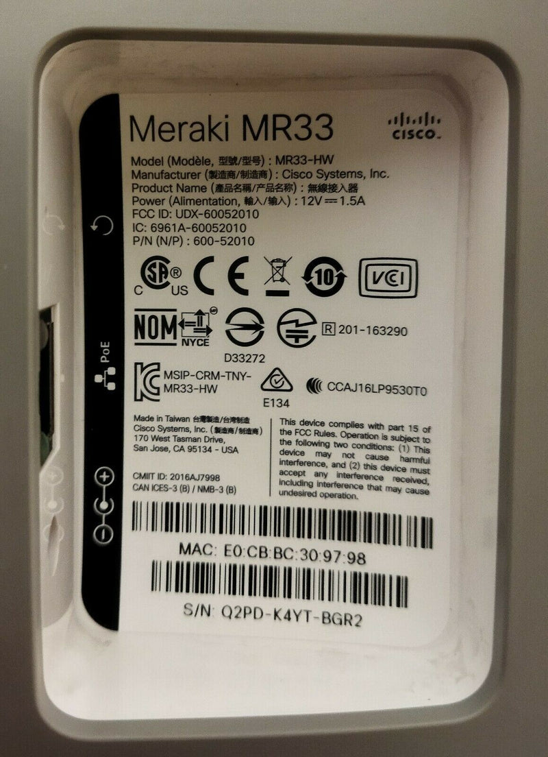 Point d'accès sans fil CISCO Meraki MR33 - Gestion Cloud, 2.4GHz/5GHz  Cisco   