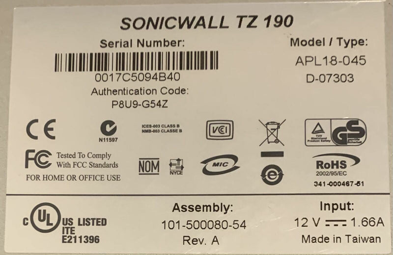 FIREWALL SONICWALL TZ 190 avec son alimentation testé en bon état Informatique, réseaux:Réseau d'entreprise, serveurs:VPN, firewalls: dispositifs SONICWALL   